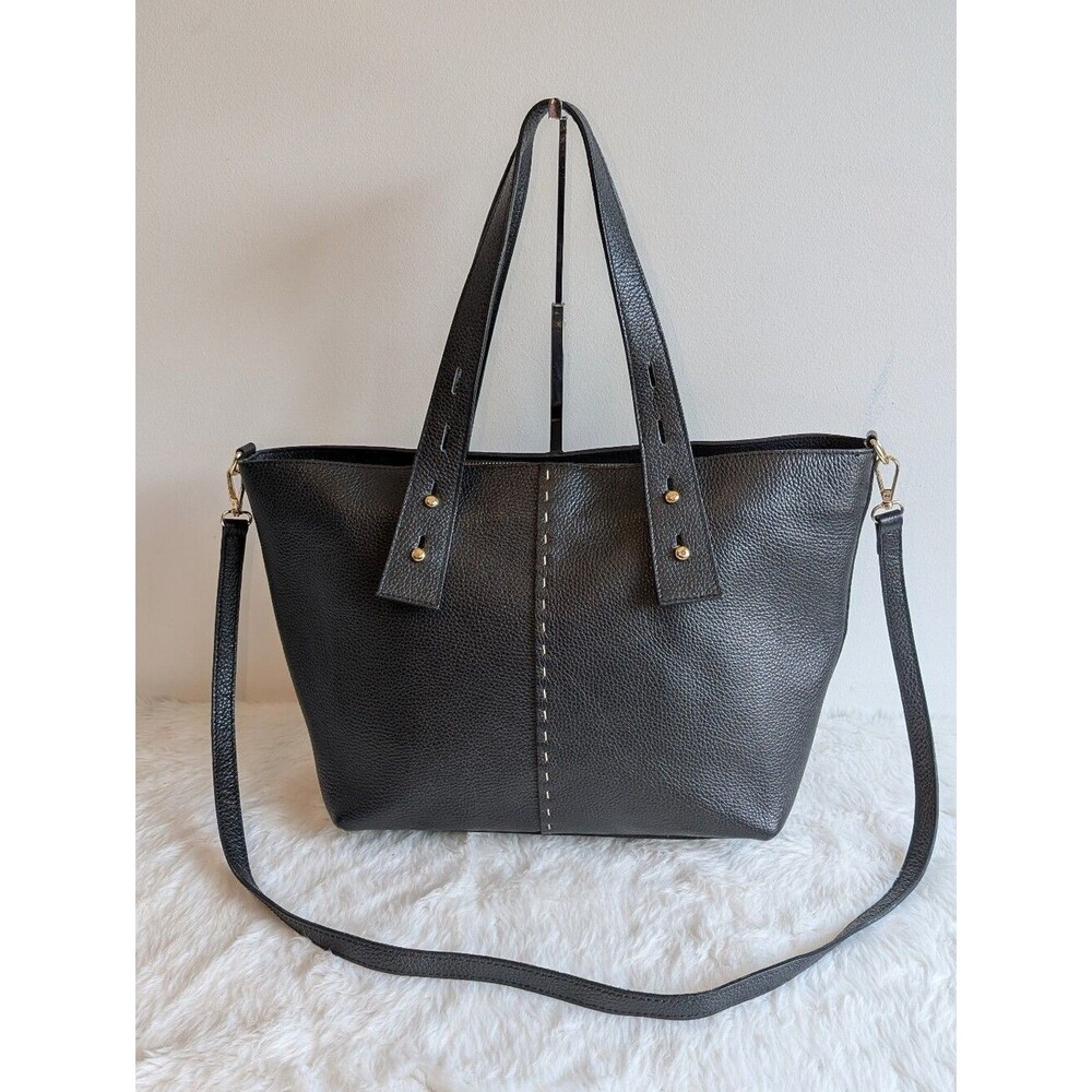 Tano Black Leather Tote Bag with Detachable Strap